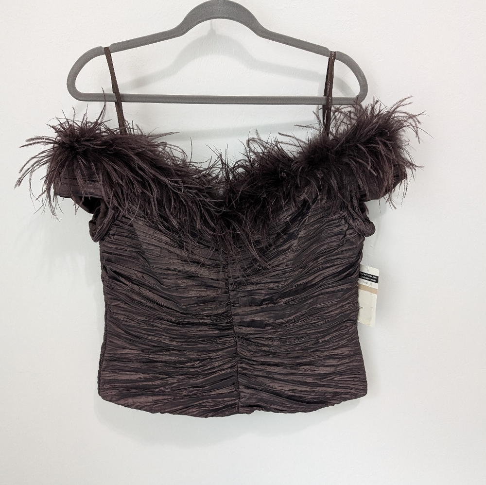 Y2K Cachet Brown Natural Feather Sheen Accent Crop Top Size 12 Dillards Vintage